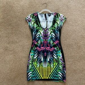 Just Cavalli Neon Tropical Print V‑Neck Mini Dress - Bodycon Y2K Small